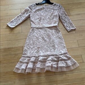 Women Tadashi Shohi Elegant Lace Midi Dress with Ruffle Hem Blush 3/4 Sleeves 4